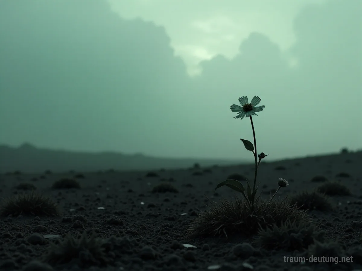 Vertrocknete Blumen unter einem grauen Himmel, die einen Sommer ohne Sonne symbolisieren.
