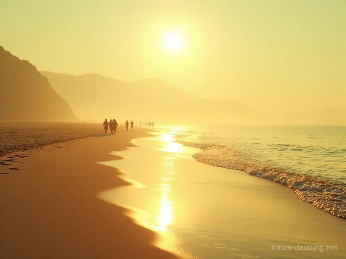 Sonnenbeschienener Strand mit schemenhaften Figuren, der Sommererinnerungen im Traum darstellt.