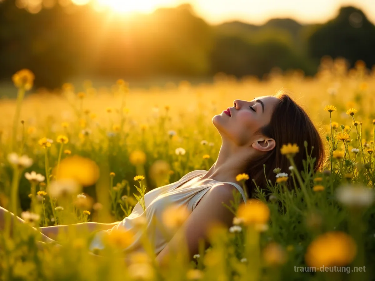 Eine Person entspannt auf einer sonnigen Wiese, umgeben von Blumen.