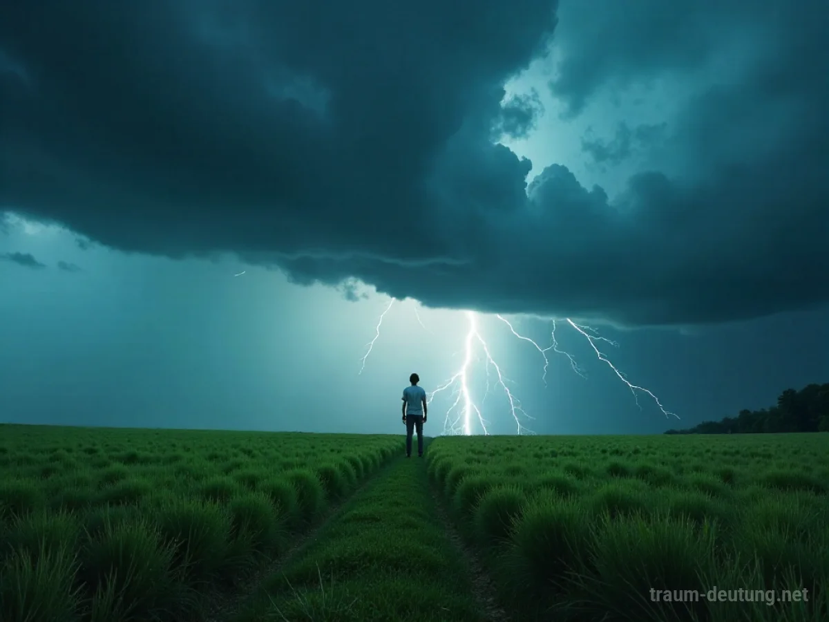 Dunkle Wolken und Blitz über einer grünen Landschaft mit einer Person, die das Sommergewitter beobachtet.