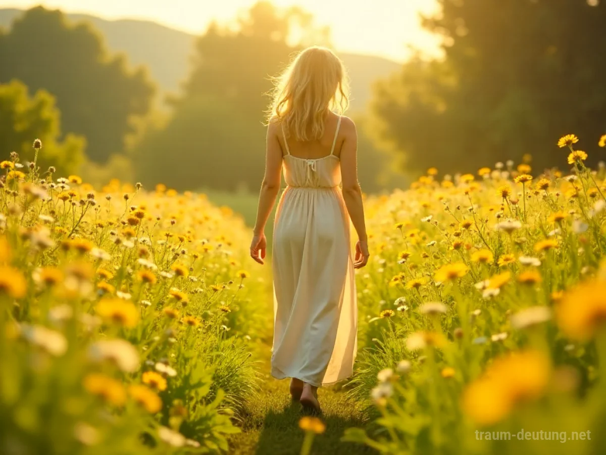 Jemand trägt leichte Sommerkleidung und geht durch eine sonnige Blumenwiese.