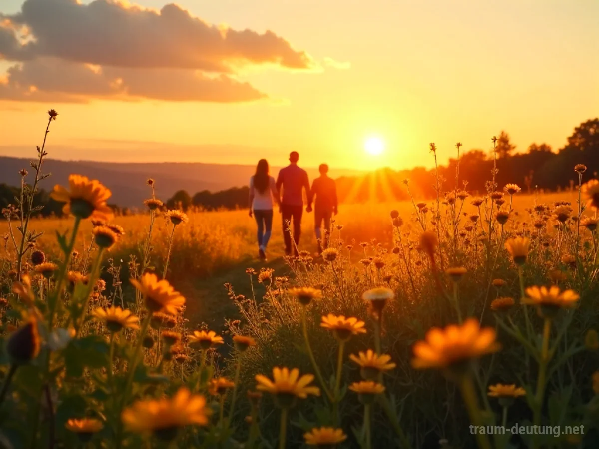 Zwei Silhouetten gehen Hand in Hand auf einer Sommerwiese dem Sonnenuntergang entgegen.