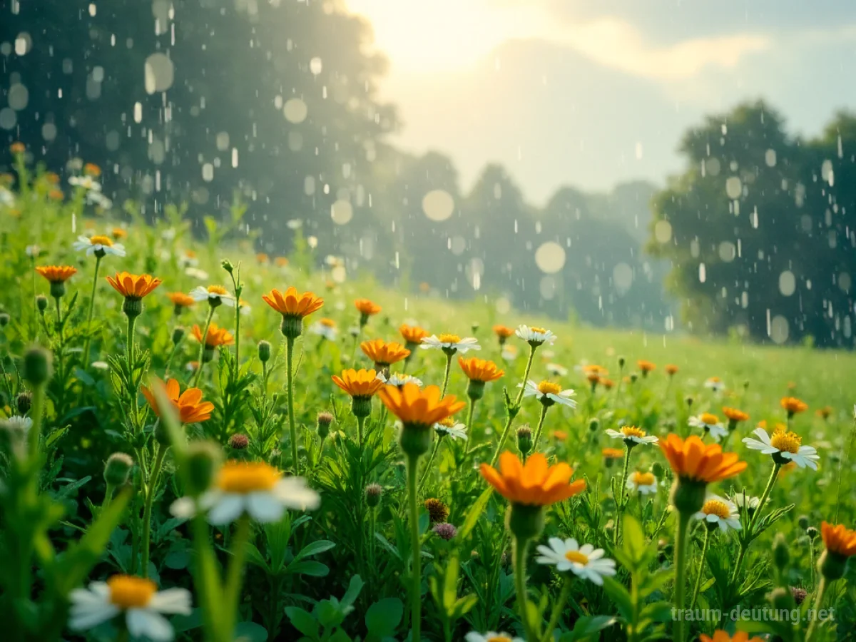 Sanfter Sommerregen fällt auf eine grüne Wiese mit Blumen, während die Sonne durch die Wolken bricht.