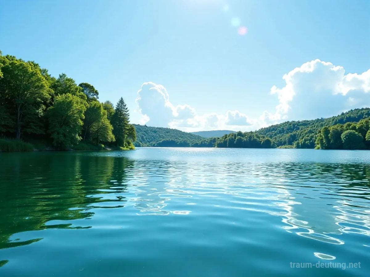 Ein sonniger Sommertag an einem ruhigen See mit grünen Ufern.