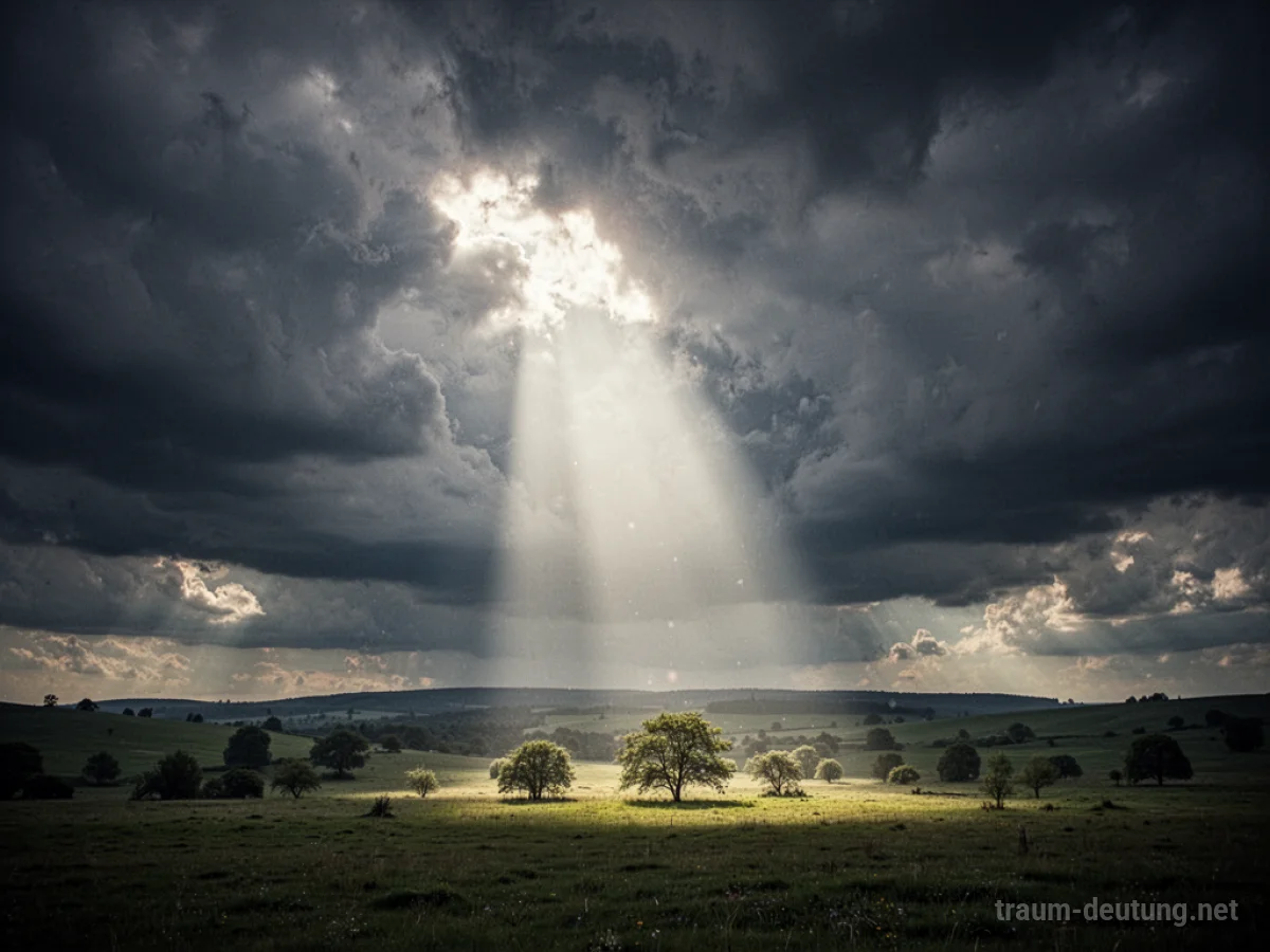 Sonne bricht durch Wolken über einer ruhigen Landschaft.