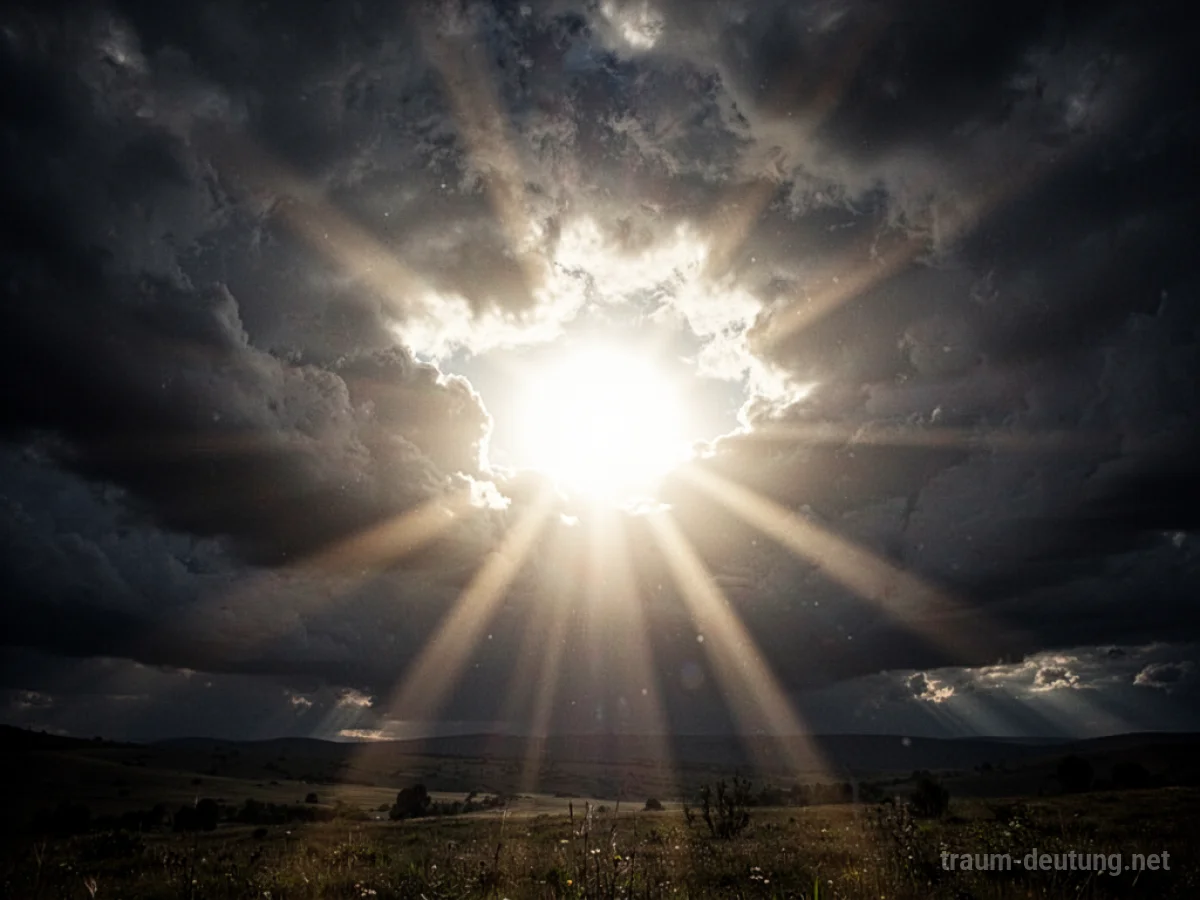 Helle Sonne bricht plötzlich durch dunkle Wolken und erhellt den Himmel.
