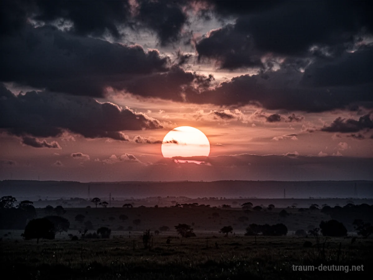 Die Sonne sinkt dramatisch vom dunklen Himmel herab über eine silhouetteartige Landschaft.