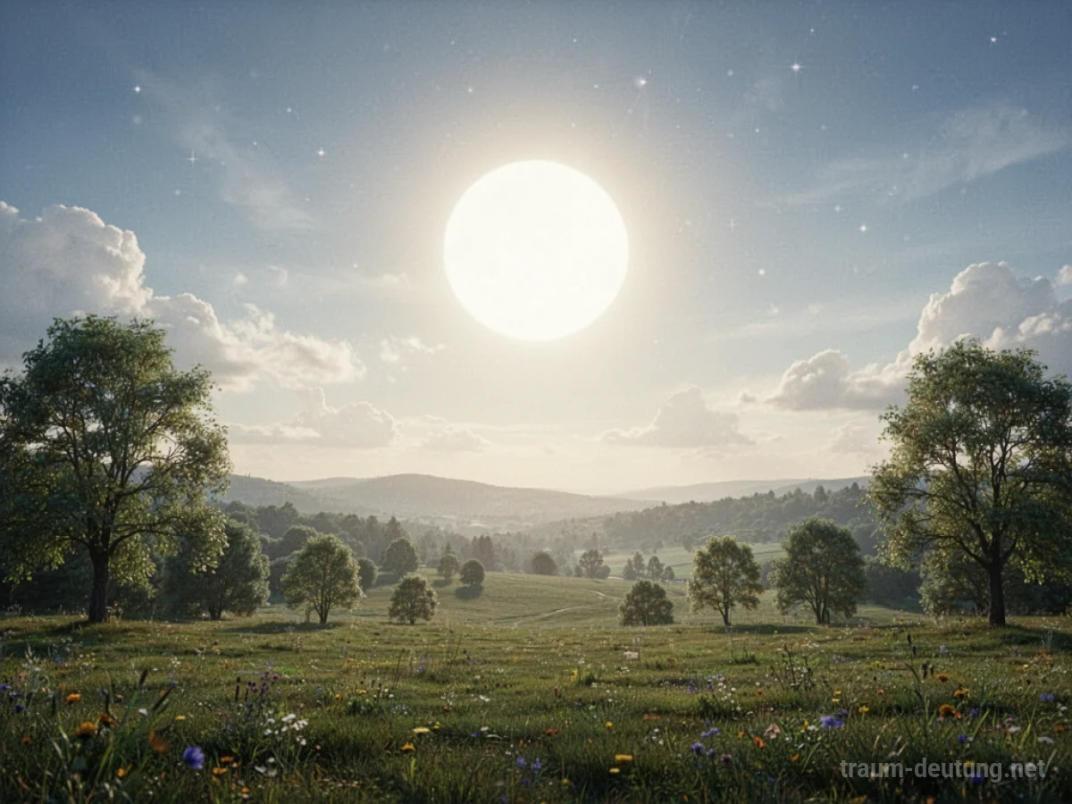 Die Sonne steht unbeweglich hoch am Himmel über einer friedlichen Landschaft.