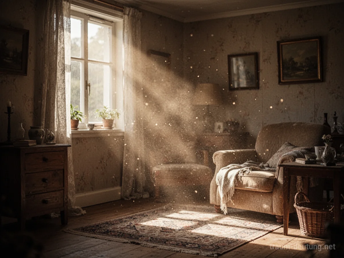 Sonnenstrahl fällt in ein gemütliches Zimmer und erhellt die Luft.