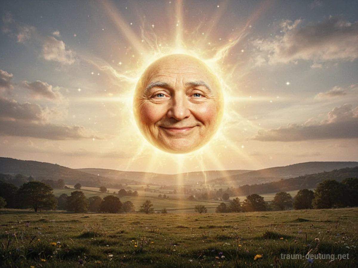 Eine freundliche Sonne mit einem Gesicht scheint warm auf eine friedliche Landschaft.