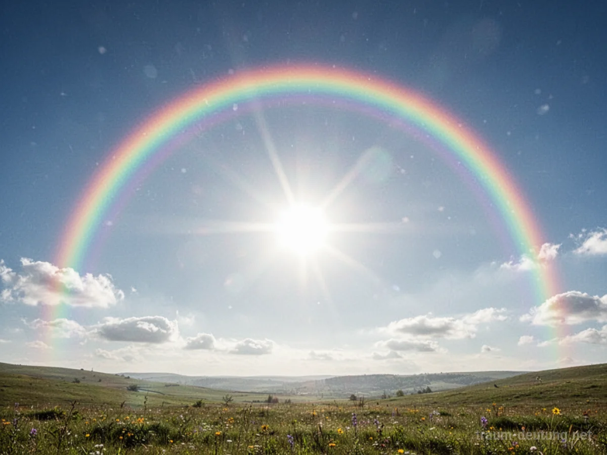 Sonne mit einem bunten Regenbogen am Himmel