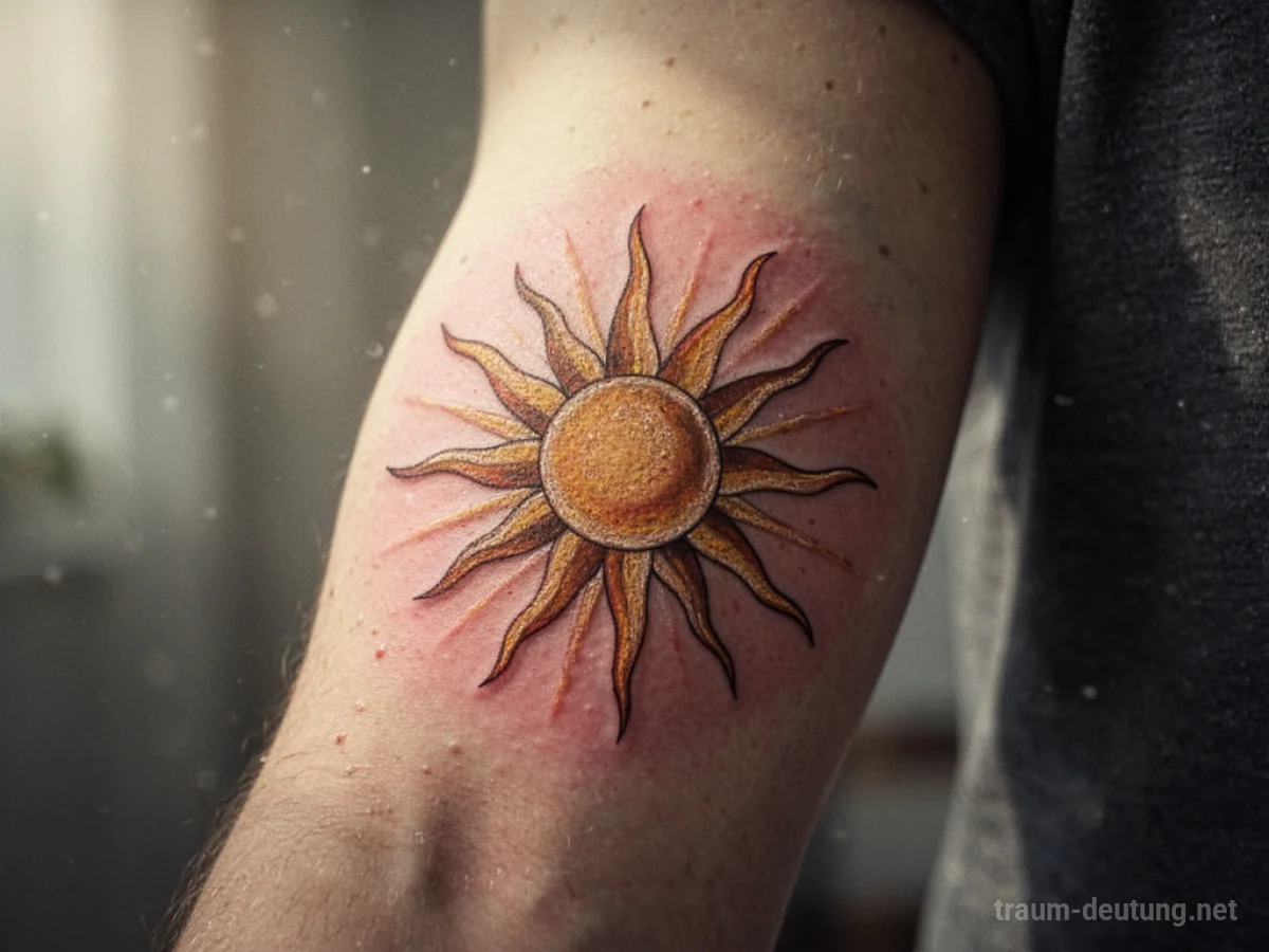 Sonne als Tattoo auf einem Unterarm, stilisierte Strahlen gehen nach außen.