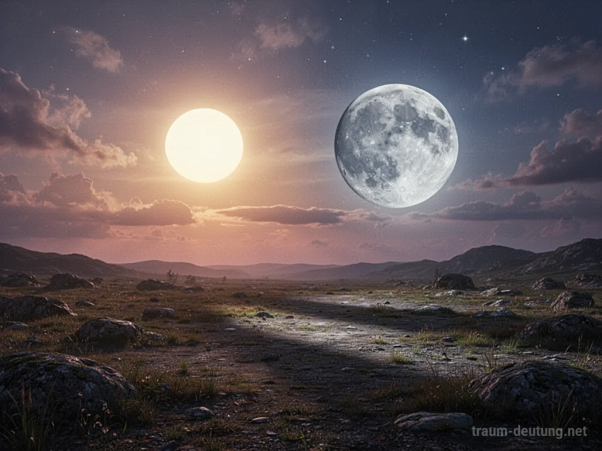 Sonne und Mond gleichzeitig am Himmel über einer surrealen Landschaft