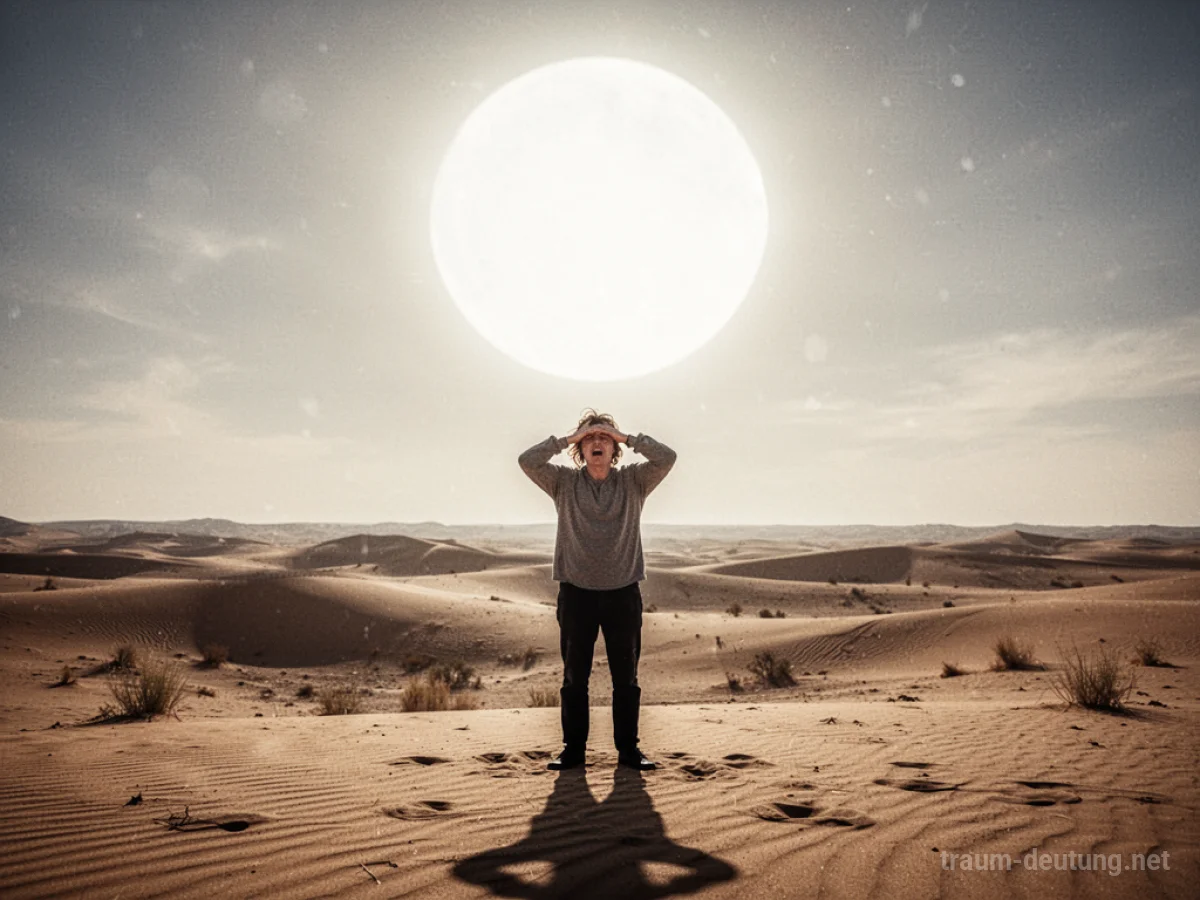 Eine Person steht unter der gleißenden Sonne in einer Wüstenlandschaft und schirmt sich ab.