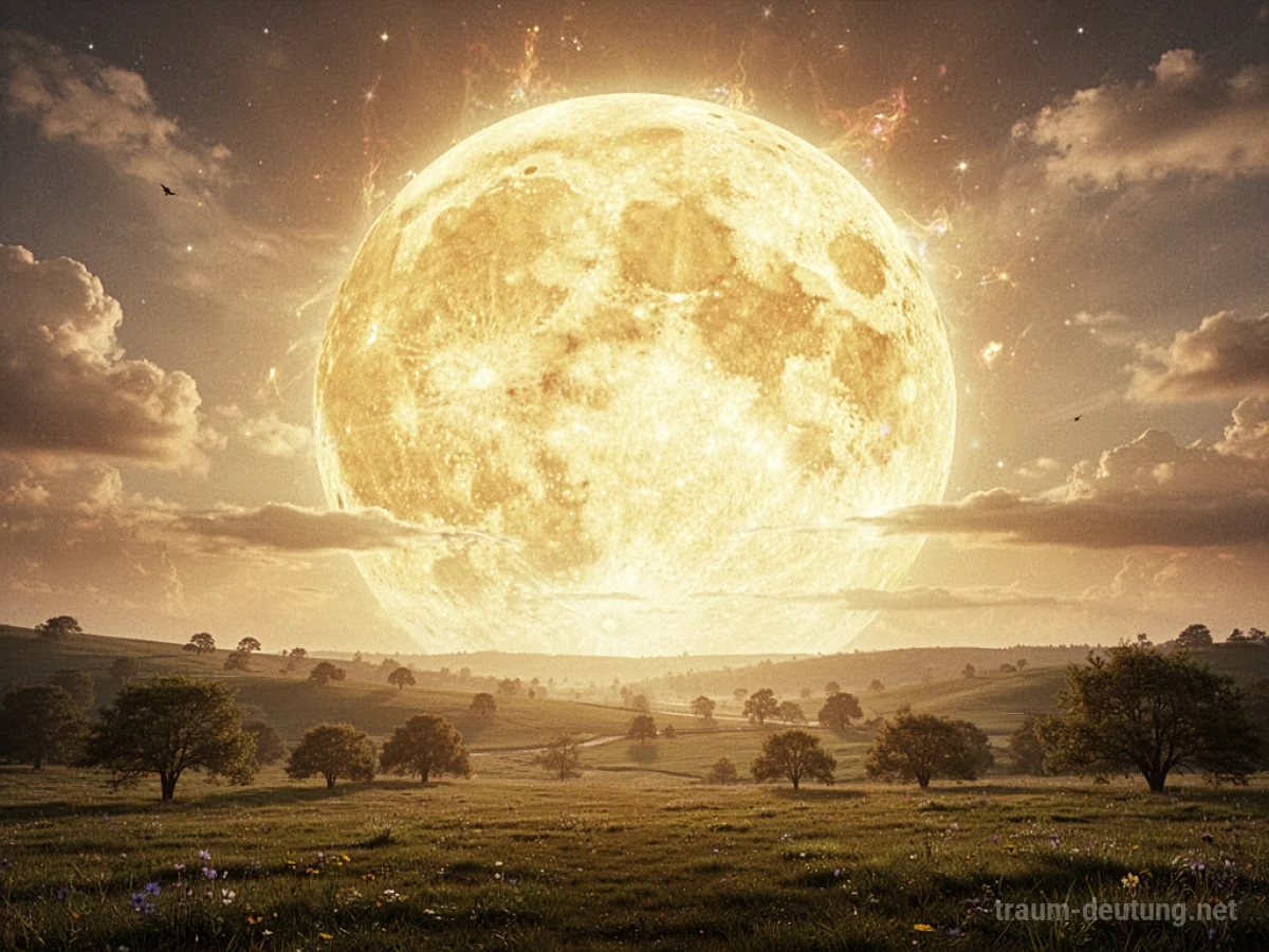 Eine riesige, strahlende Sonne dominiert den Himmel über einer ruhigen Landschaft.
