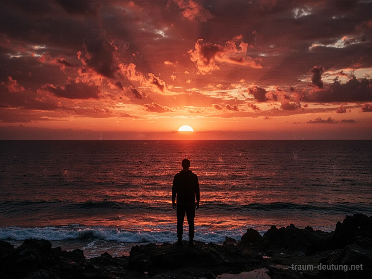 Silhouette einer Person am Strand bei Sonnenuntergang, der Horizont ist tiefrot.