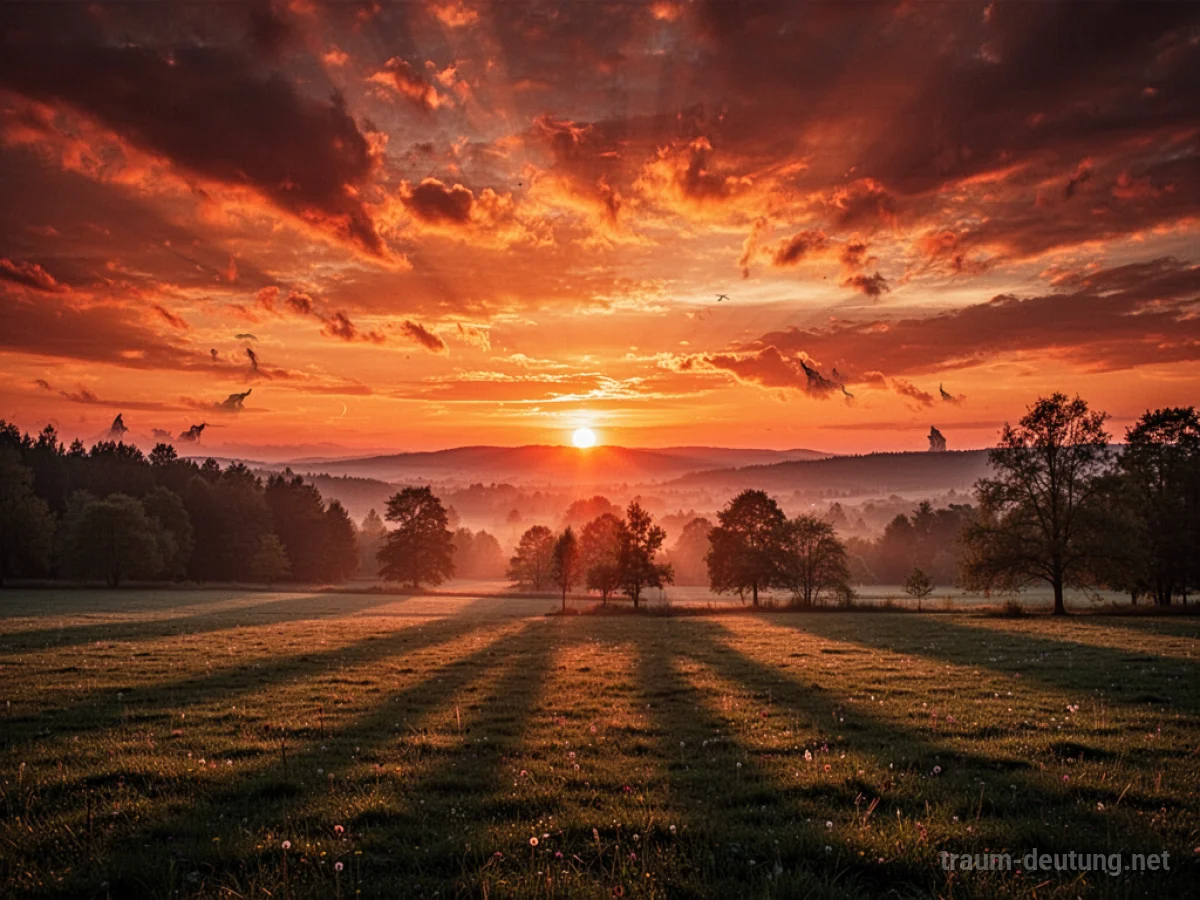 Ein feuriger Sonnenuntergang mit leuchtenden Rottönen, der lange Schatten wirft.
