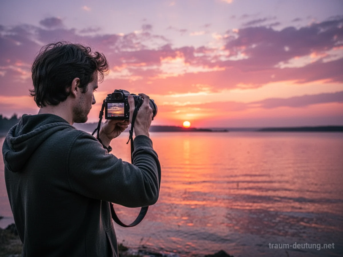 Eine Person fotografiert einen bunten Sonnenuntergang über ruhigem Wasser.