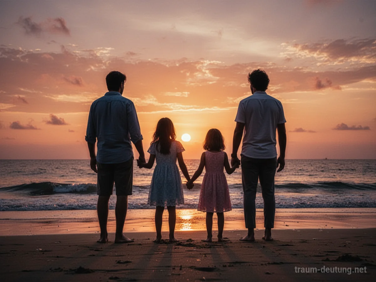 Familie steht am Strand und schaut auf den Sonnenuntergang