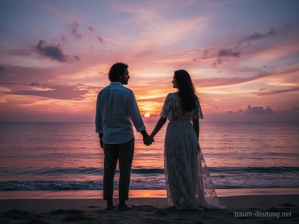 Paar im Sonnenuntergang am Meer, Hände haltend
