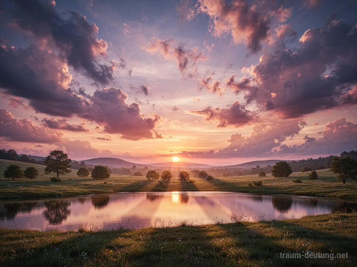 Ein bunter Sonnenuntergang mit dramatischen Wolken über einer ruhigen Landschaft.