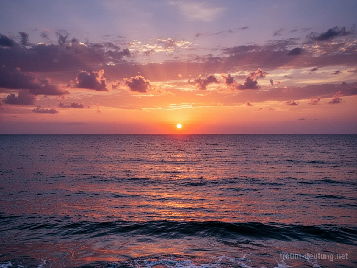 Ein dramatischer Sonnenuntergang über dem Meer, die Sonne versinkt am Horizont.