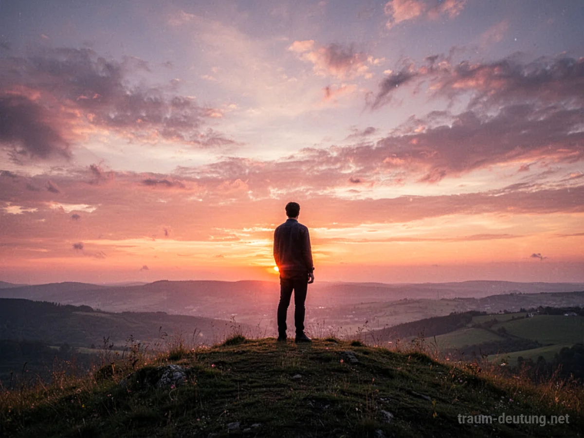 Silhouette einer Person, die auf einem Hügel einen farbenprächtigen Sonnenuntergang betrachtet