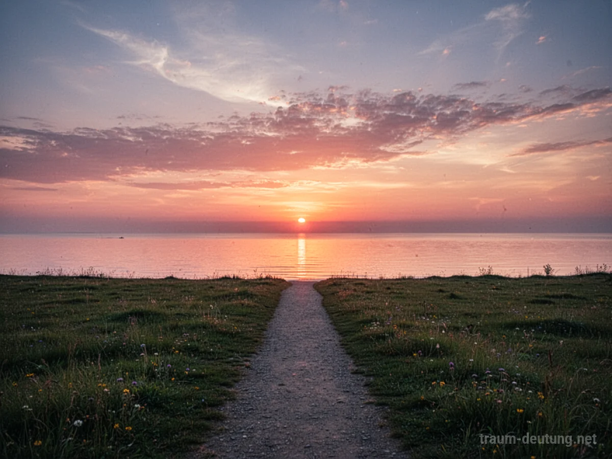 Ein leuchtender Sonnenuntergang über dem Horizont, mit einem Weg, der ins Licht führt.