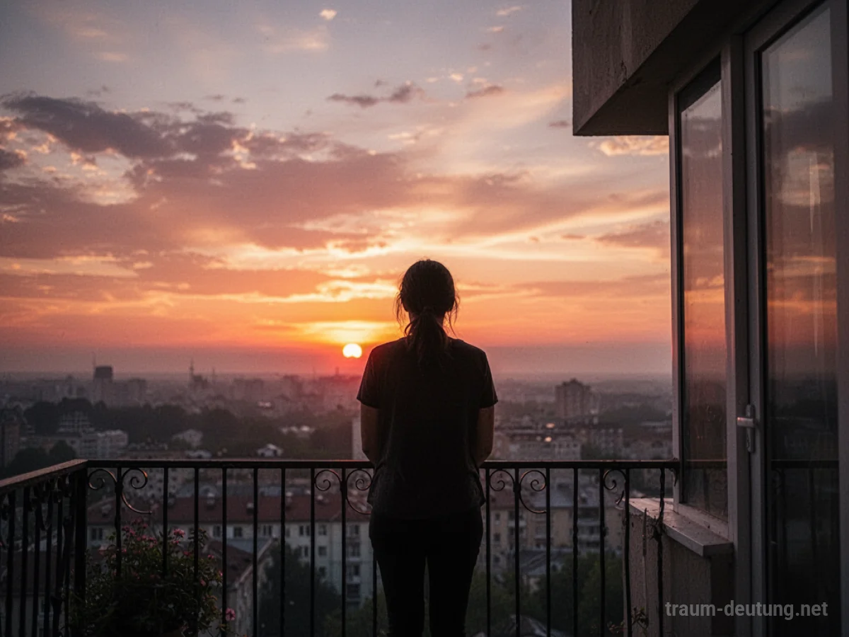 Silhouette einer Person auf einem Balkon vor einem bunten Sonnenuntergang