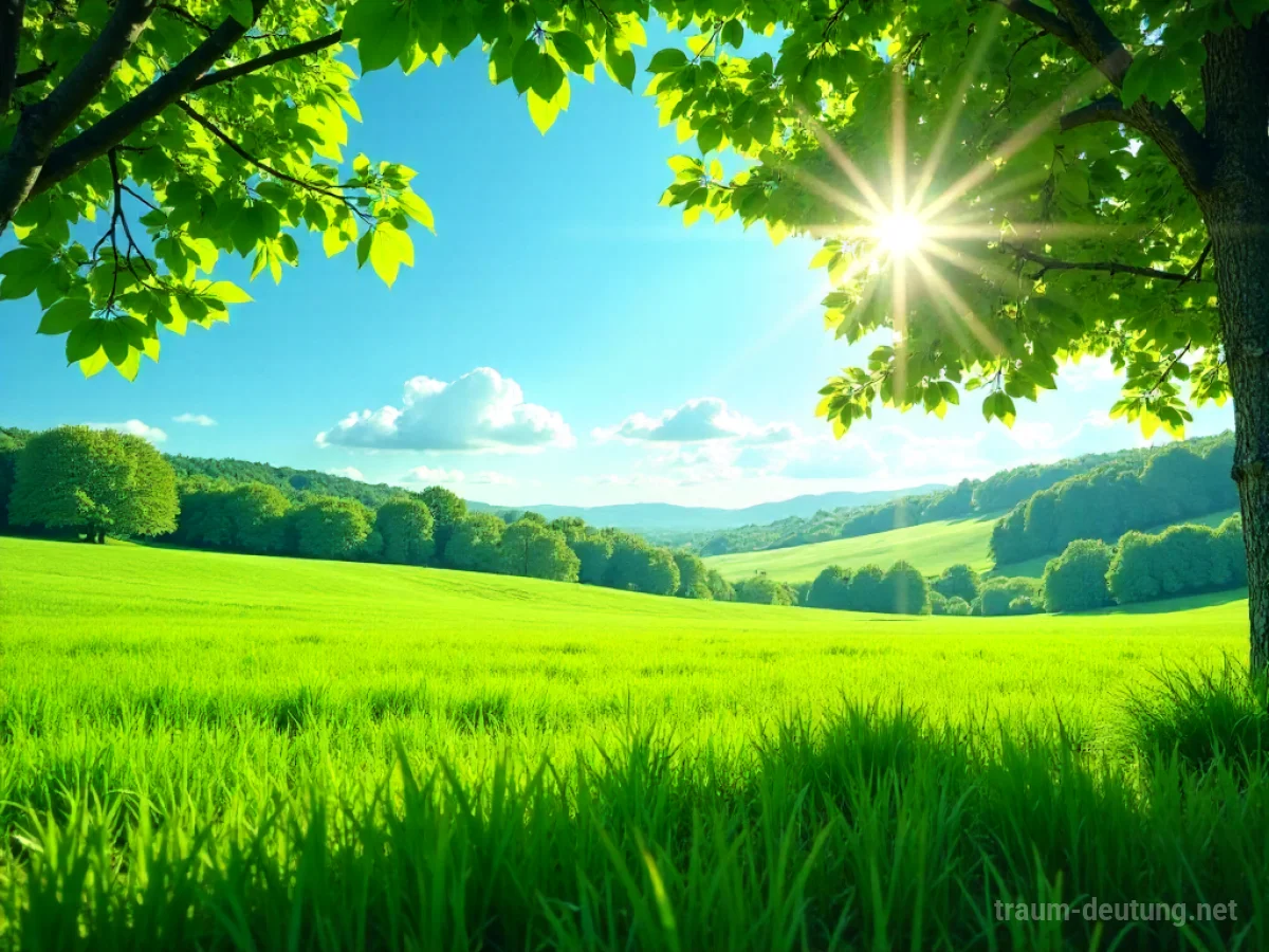 Ein sonniger Sommertag mit grünen Feldern und blauem Himmel