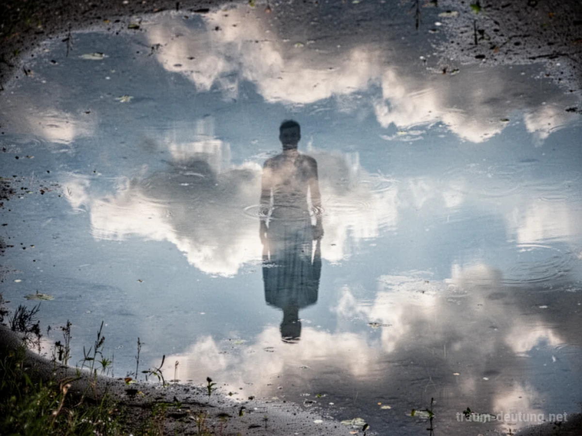 Eine ruhige Wasseroberfläche spiegelt den Himmel und eine menschliche Silhouette im Wasser.