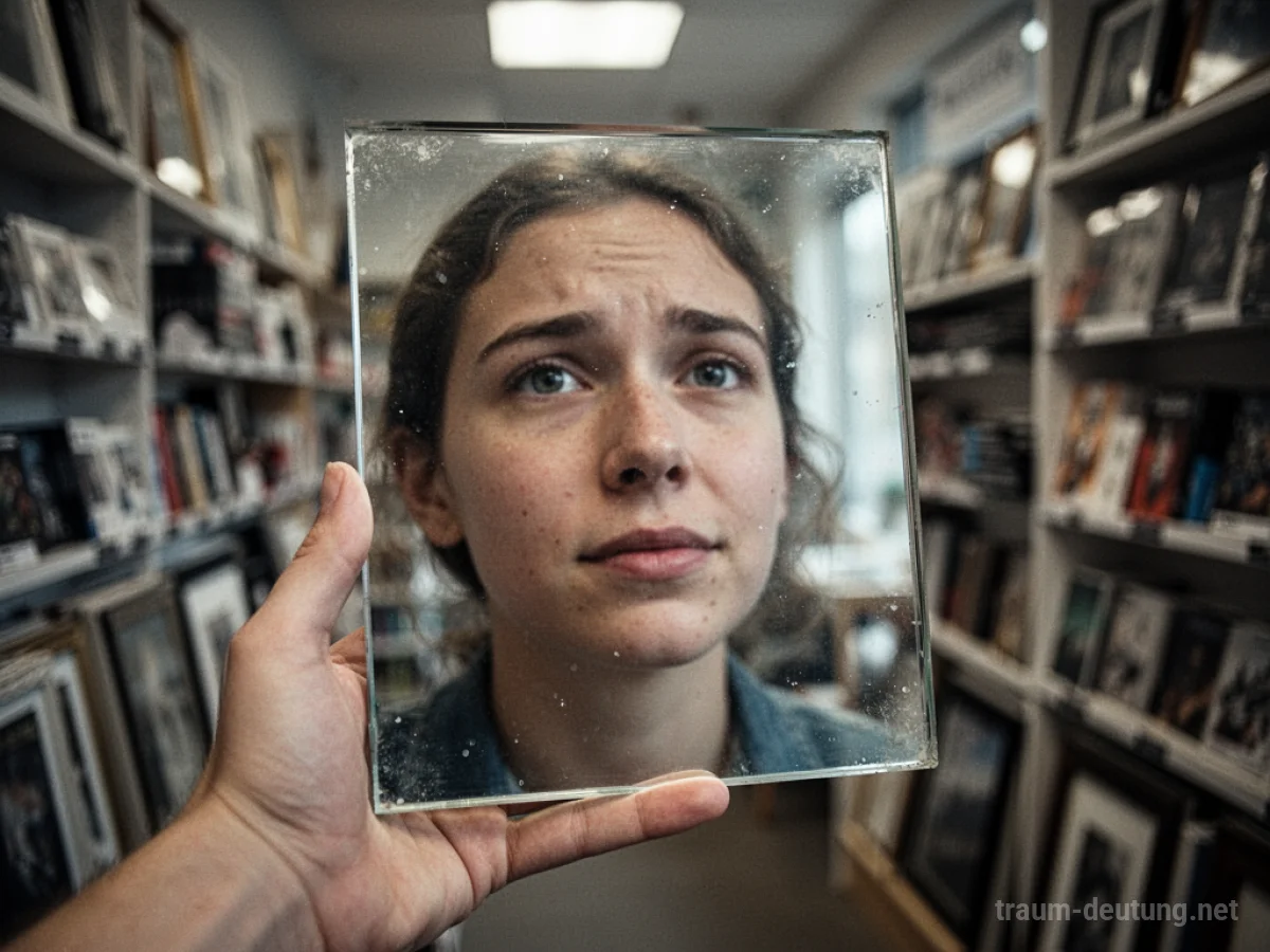 Hand hält neuen Spiegel in einem Geschäft, Spiegelbild zeigt Gesicht