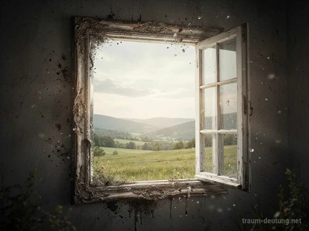 Ein Spiegel verwandelt sich in ein Fenster mit Blick auf eine Landschaft