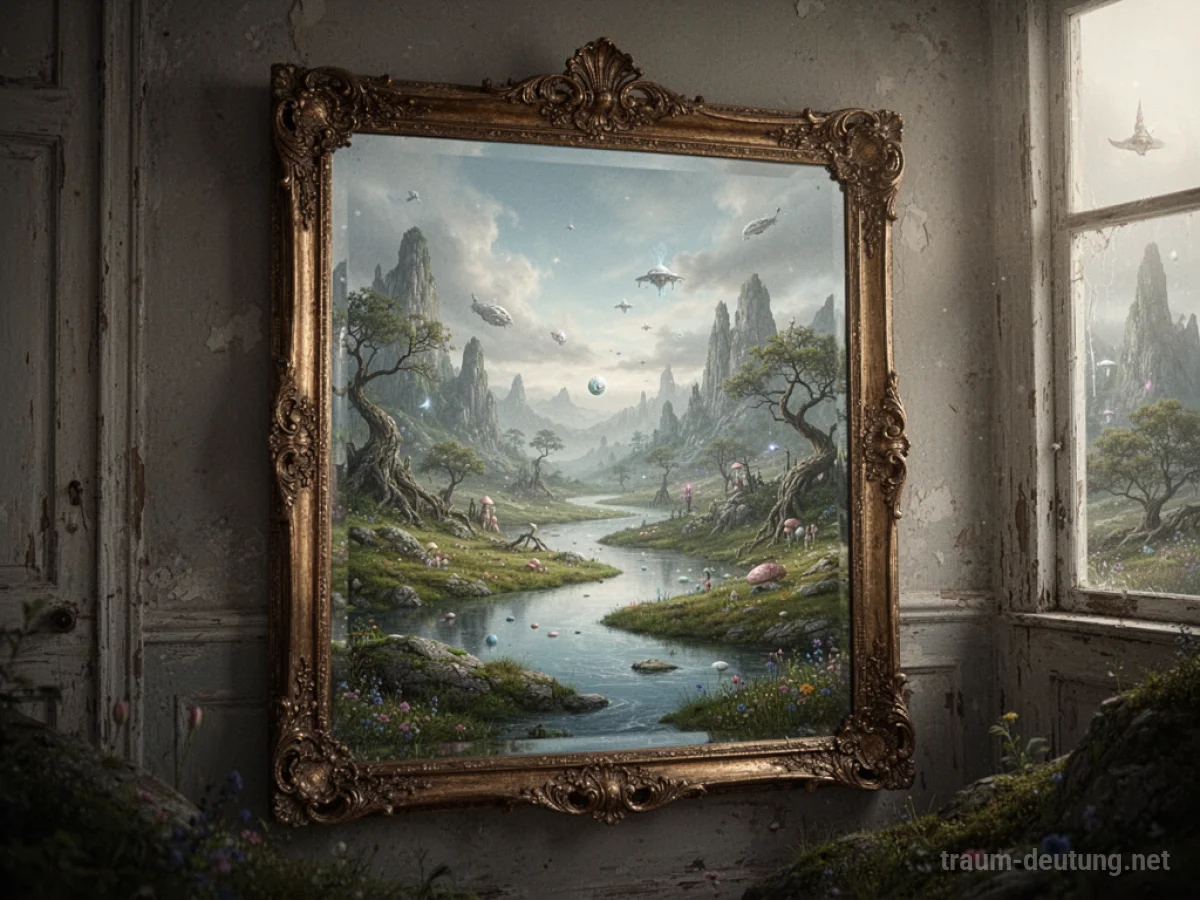 Ein Spiegel, der einen surrealen, unbekannten Raum anstelle des Zimmers dahinter reflektiert.