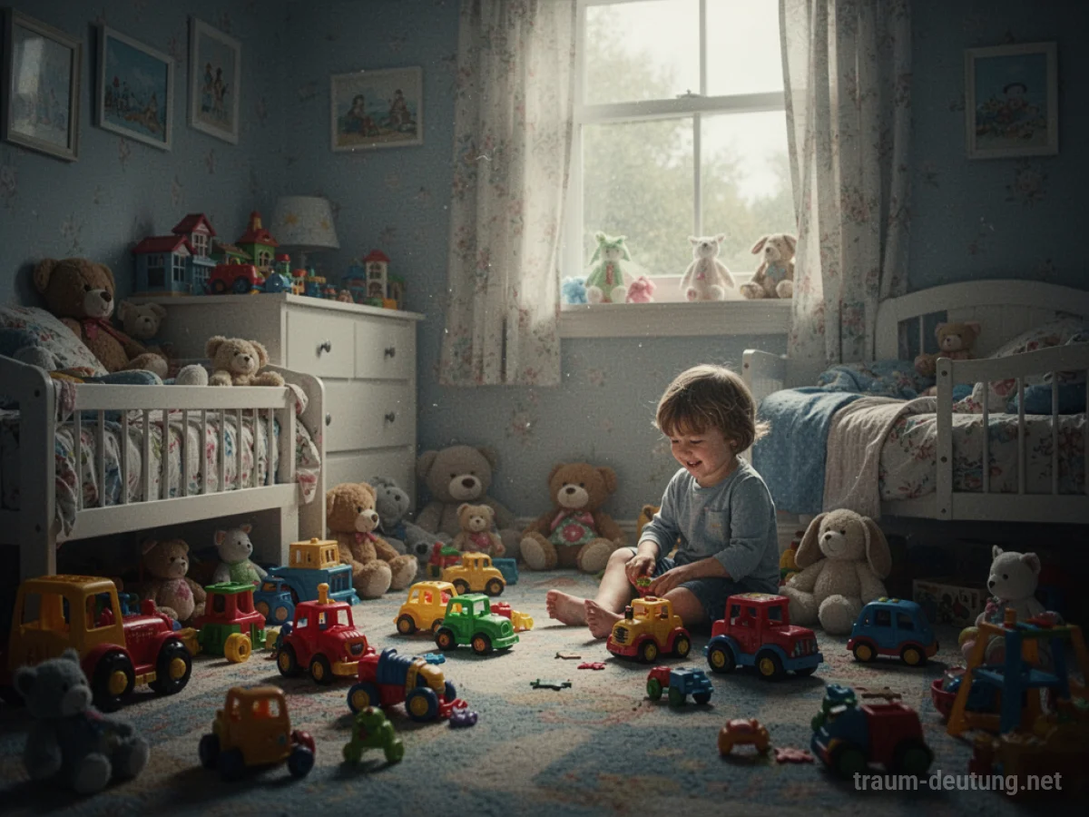 Ein detailreich eingerichtetes Kinderzimmer voller Spielzeug, beleuchtet von warmem Licht.