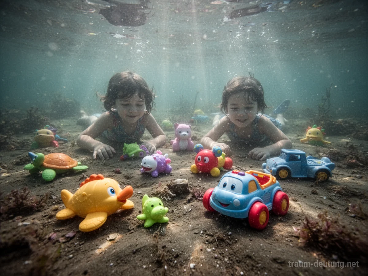 Spielzeug im Wasser auf dem Meeresboden, Sonnenlicht scheint durch das trübe Wasser.