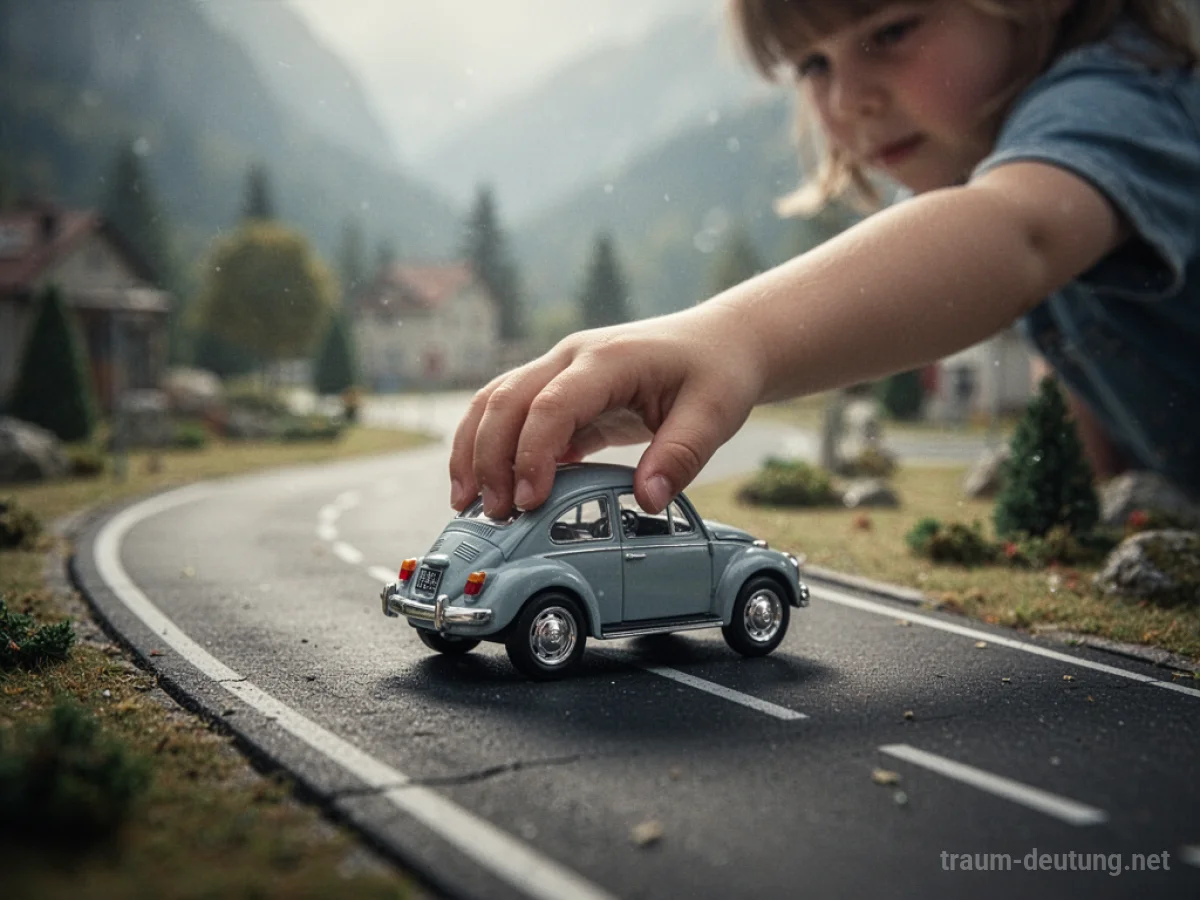 Kind lenkt ein Spielzeugauto auf einer kleinen Straße.