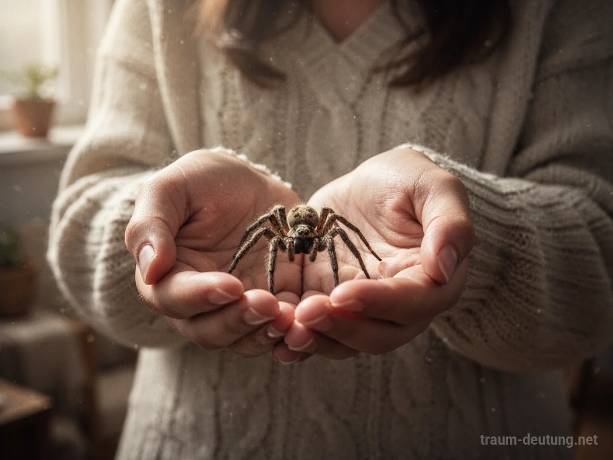 Hand hält eine kleine Spinne als Haustier im Traum
