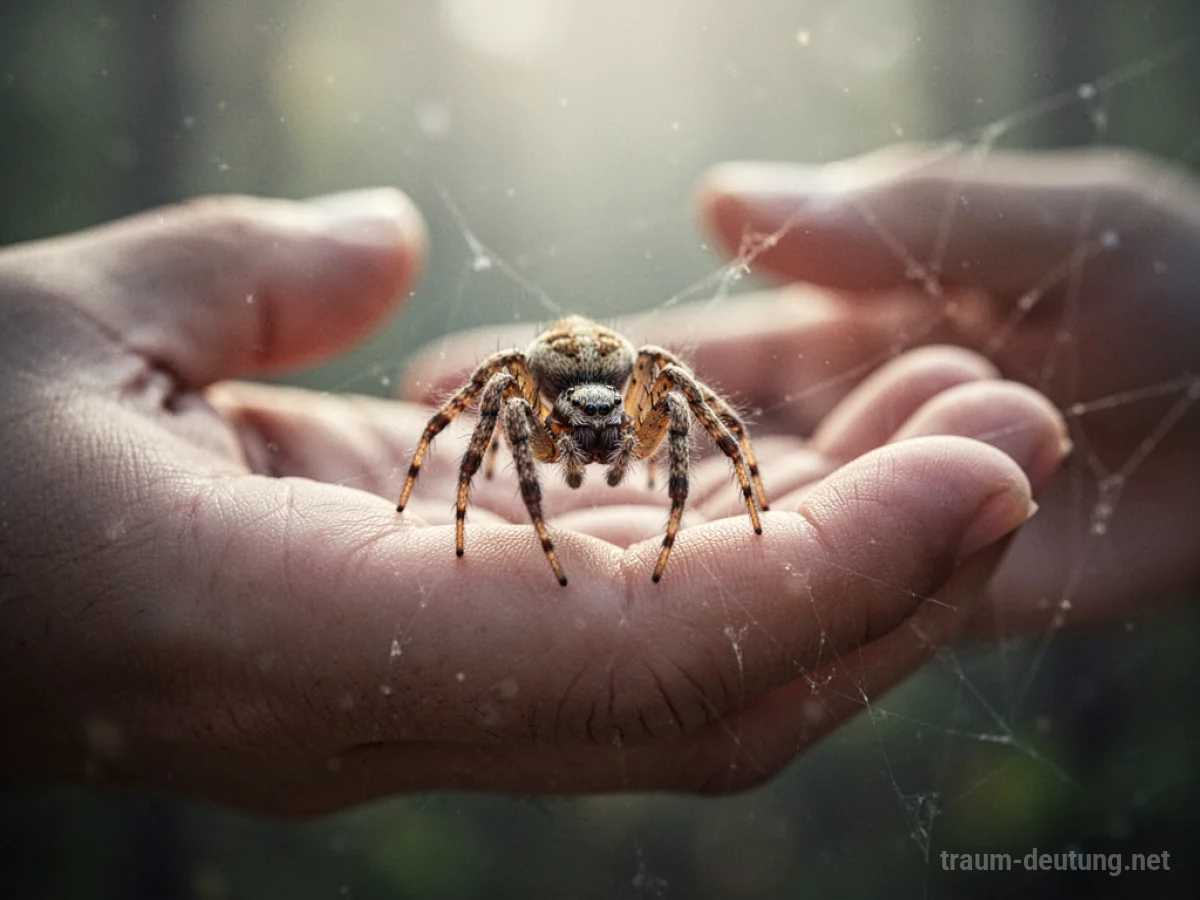 Spinne ruht auf einer menschlichen Hand, sanfter Hintergrund.