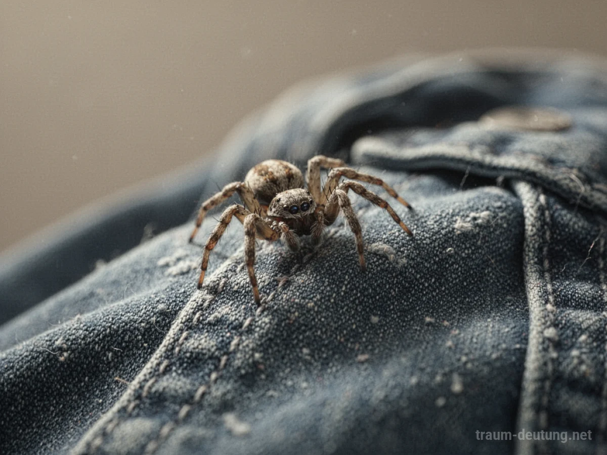 Eine kleine Spinne krabbelt auf einem Kleidungsstück.