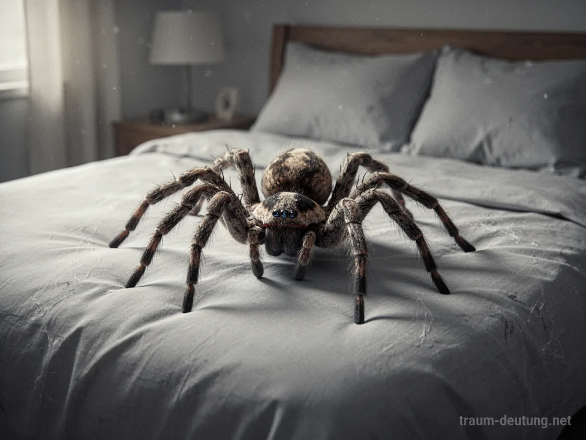 Eine stilisierte Spinne auf einem Bett, sanftes Licht