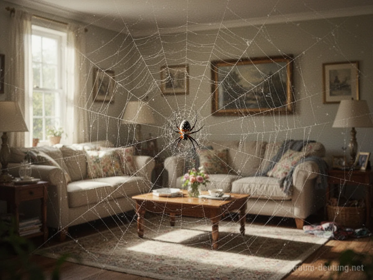 Spinne baut ein großes Netz im Wohnzimmer, das gemütlich wirkt.