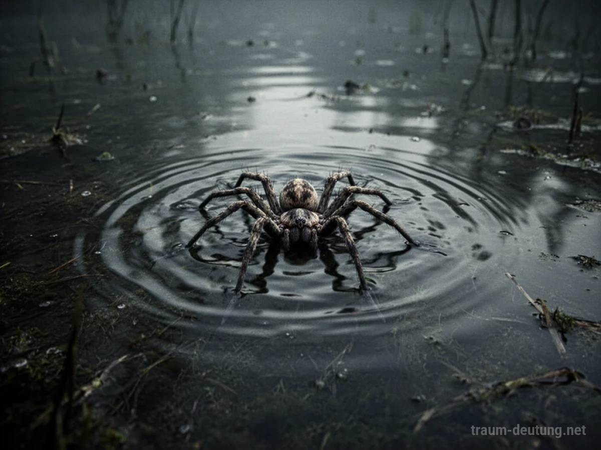 Spinne im dunklen Wasser, die Oberfläche kräuselt sich