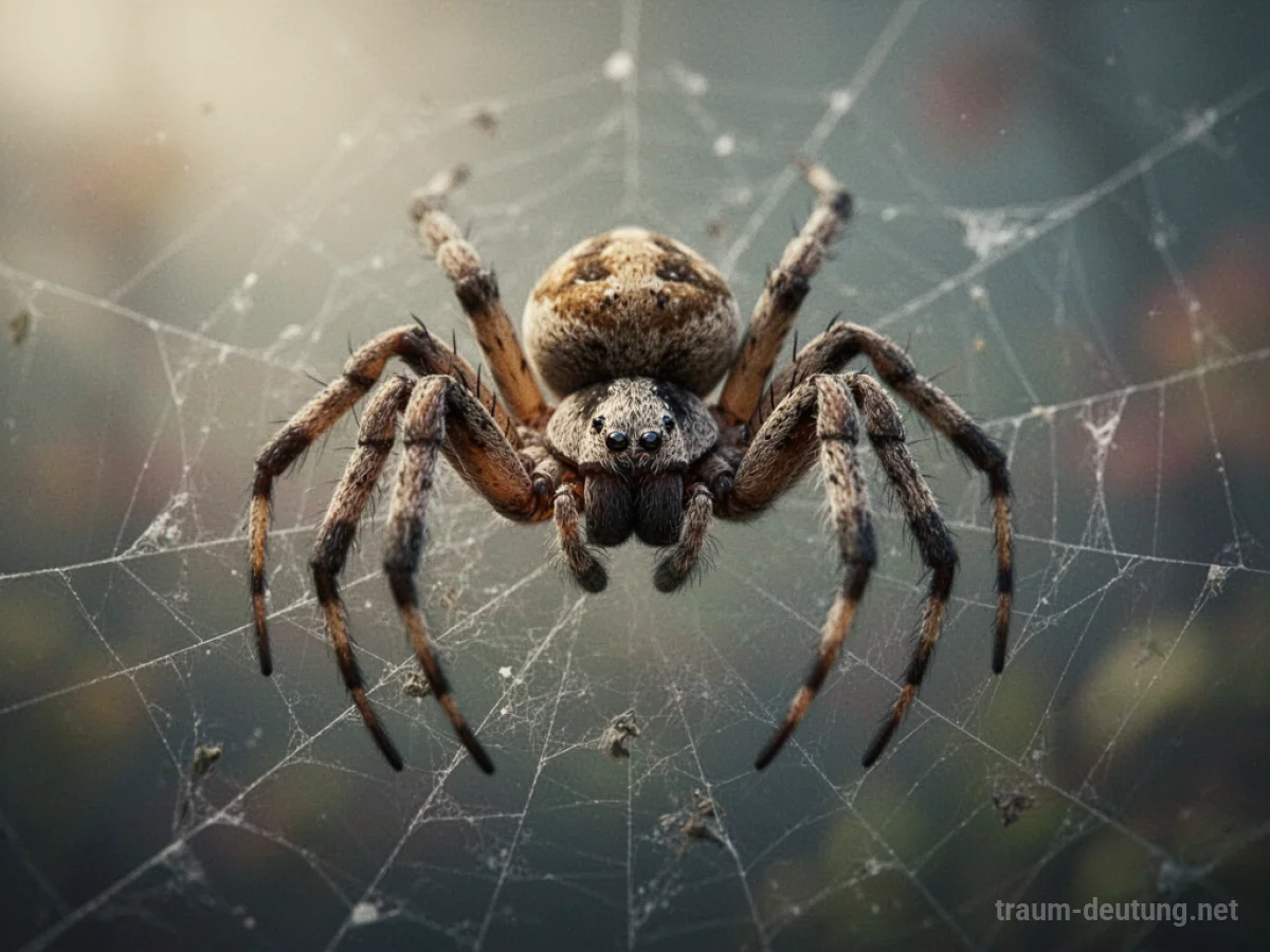 Eine Spinne sitzt auf ihrem Netz und blickt aufmerksam