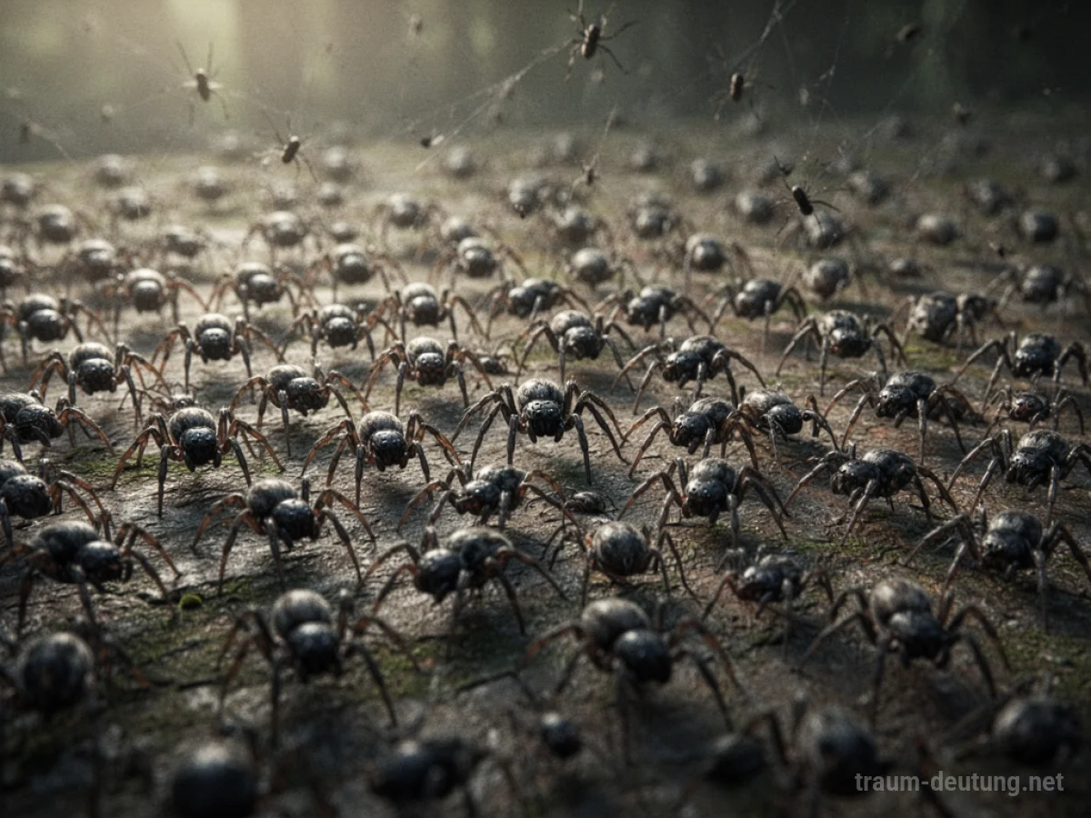Viele kleine Spinnen kriechen über eine dunkle Fläche.