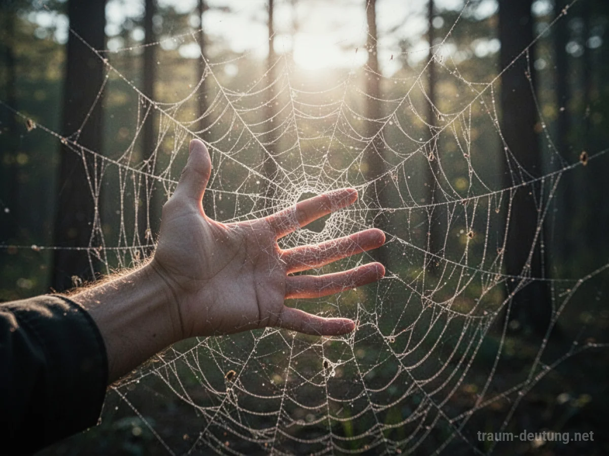 Hand durchbricht ein Spinnennetz im Sonnenlicht