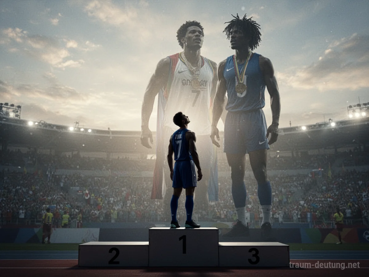 Silhouetten eines Sportlers und seines Idols auf einem Podest