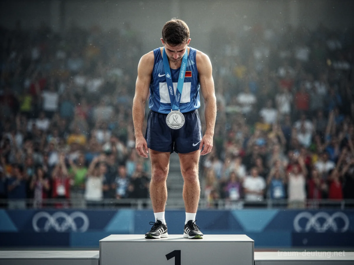 Ein Sportler steht mit Silbermedaille auf dem Podium und blickt enttäuscht.