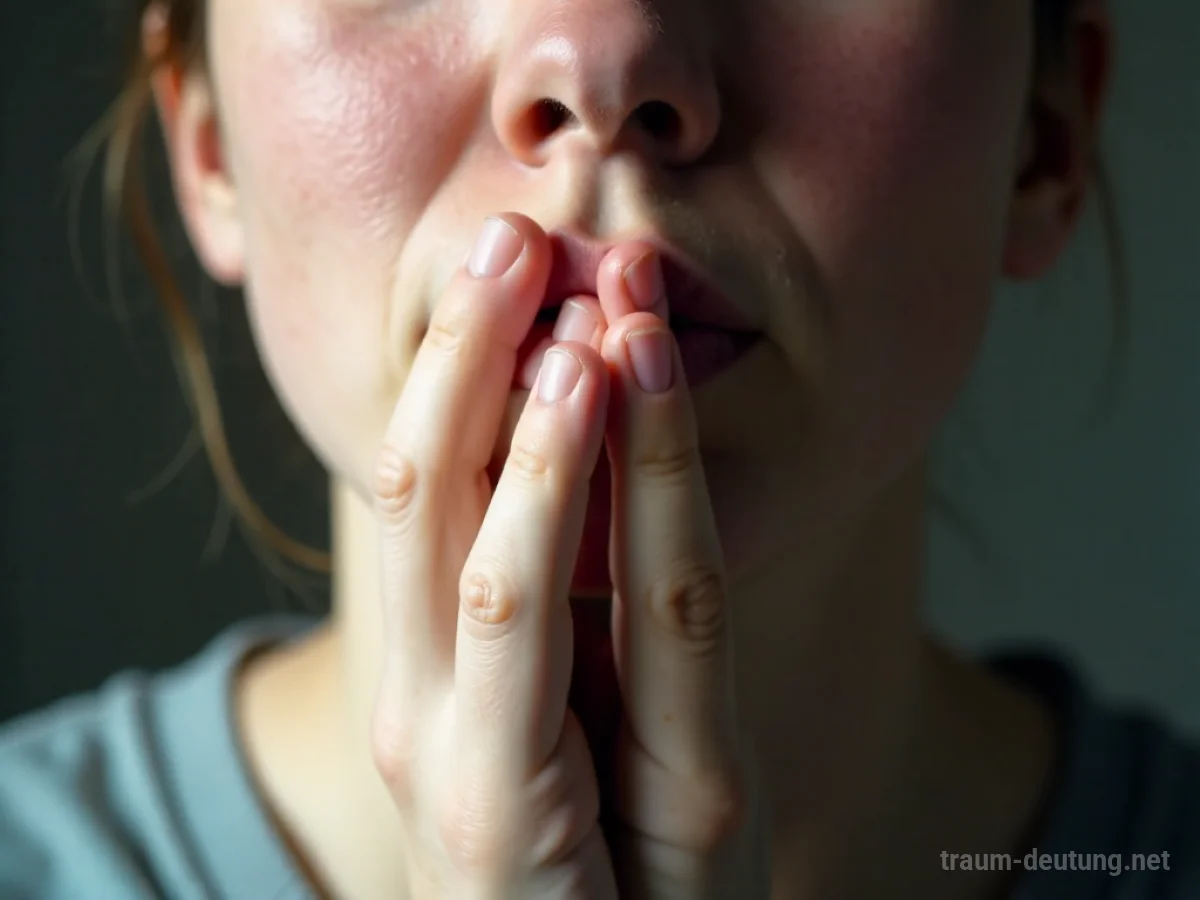 Person mit zugehaltener Hand am Mund