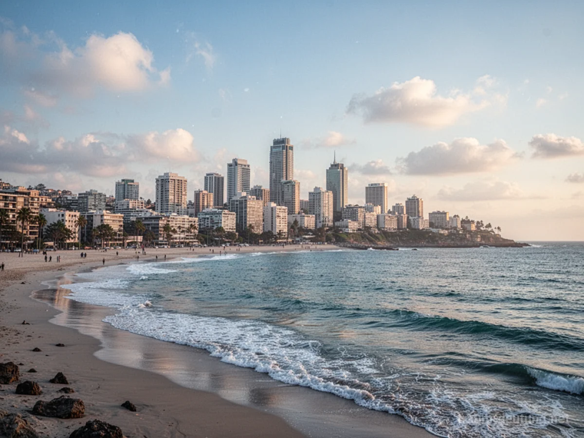 Eine Stadt am Meer mit sanften Wellen.